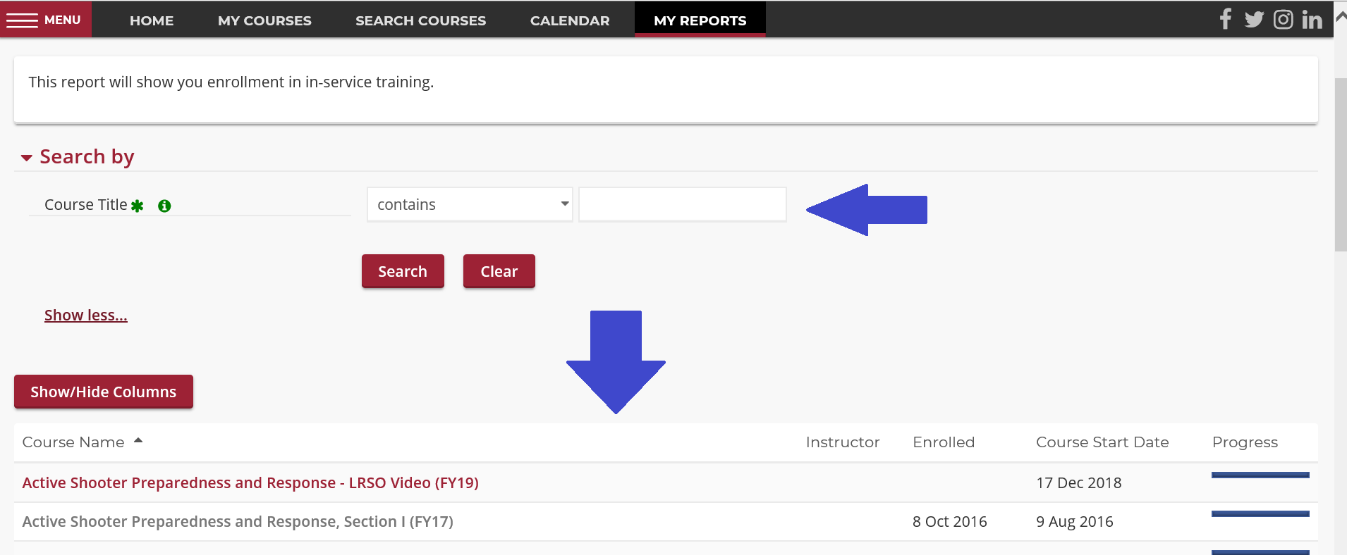 screen shot of enrollment report