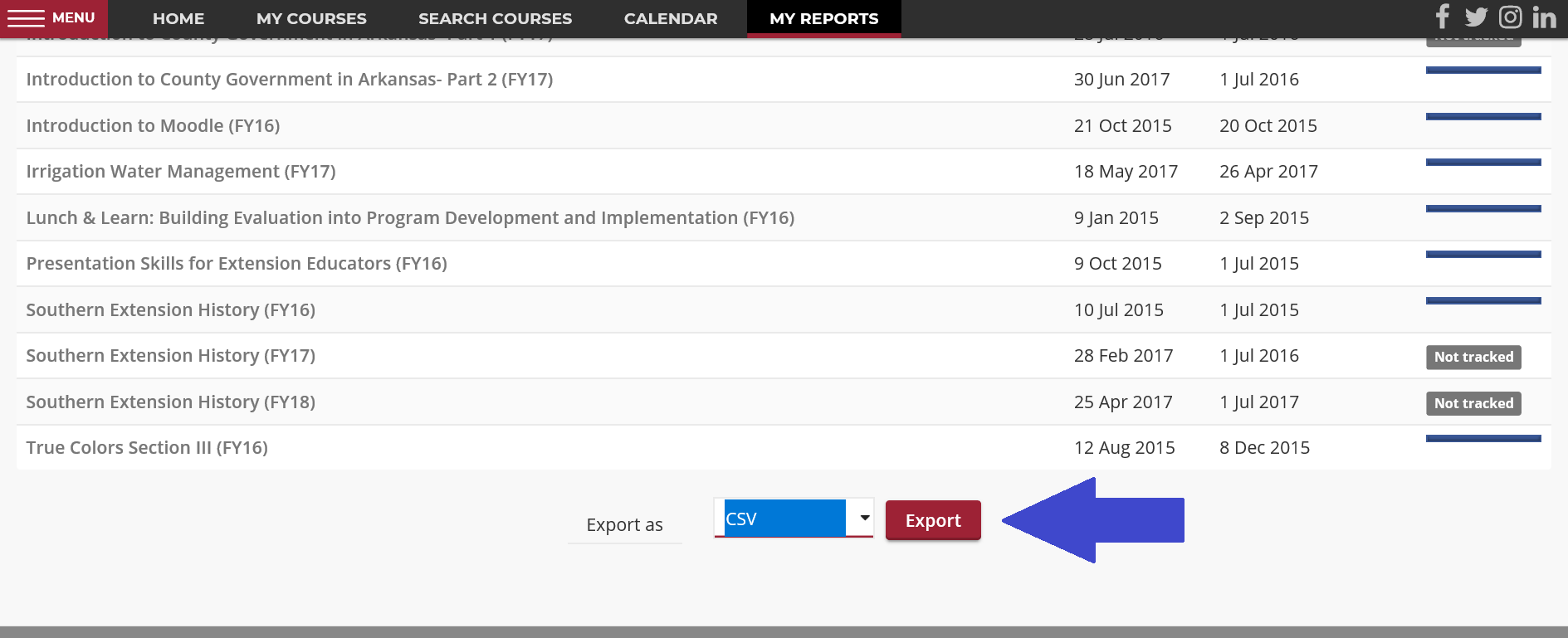 screen shot of export of report