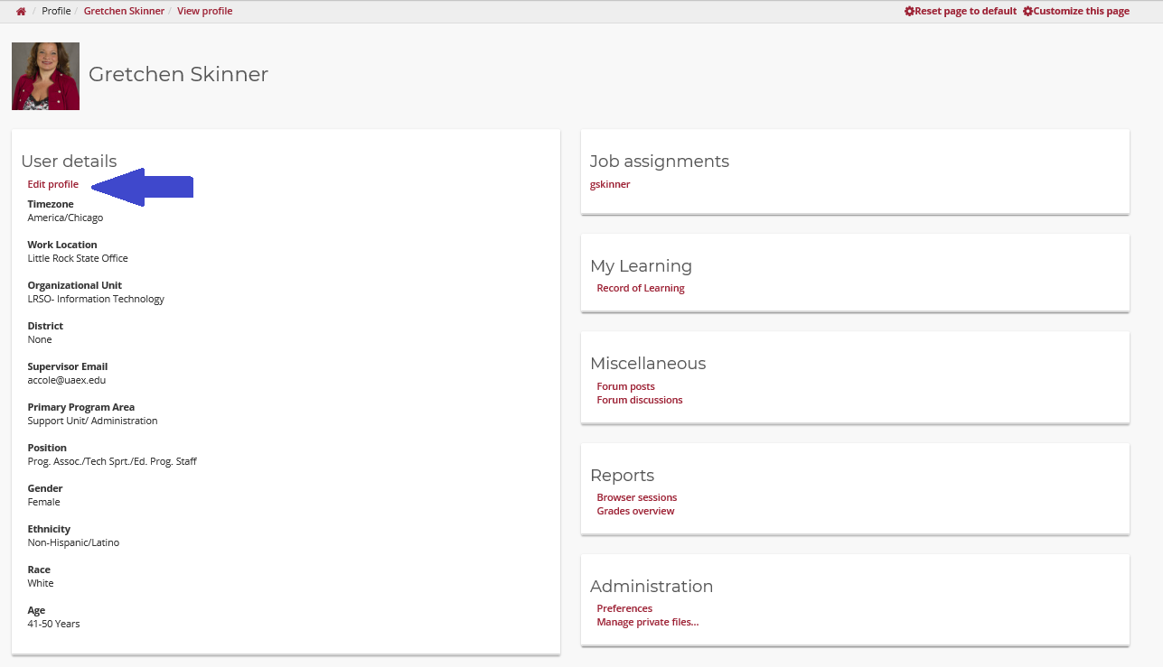 screen shot of profile page
