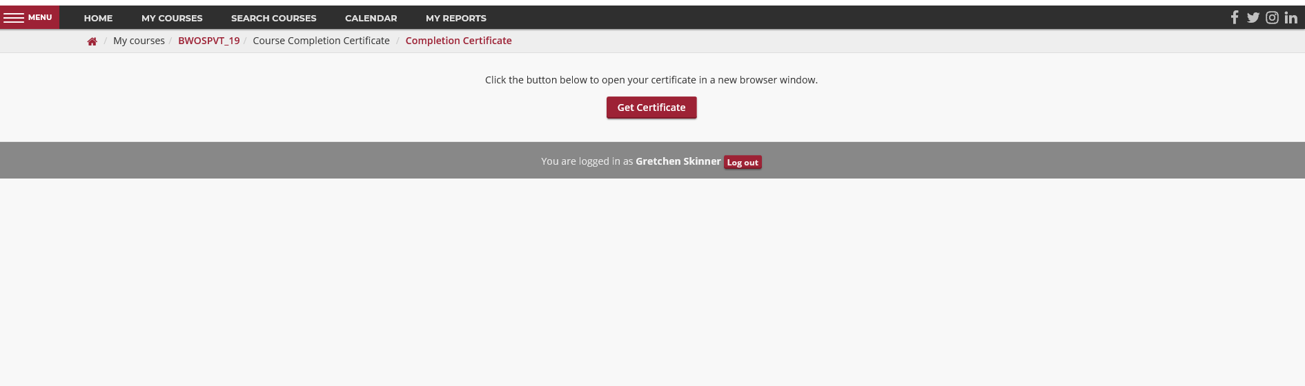 screen shot of Get Certificate button