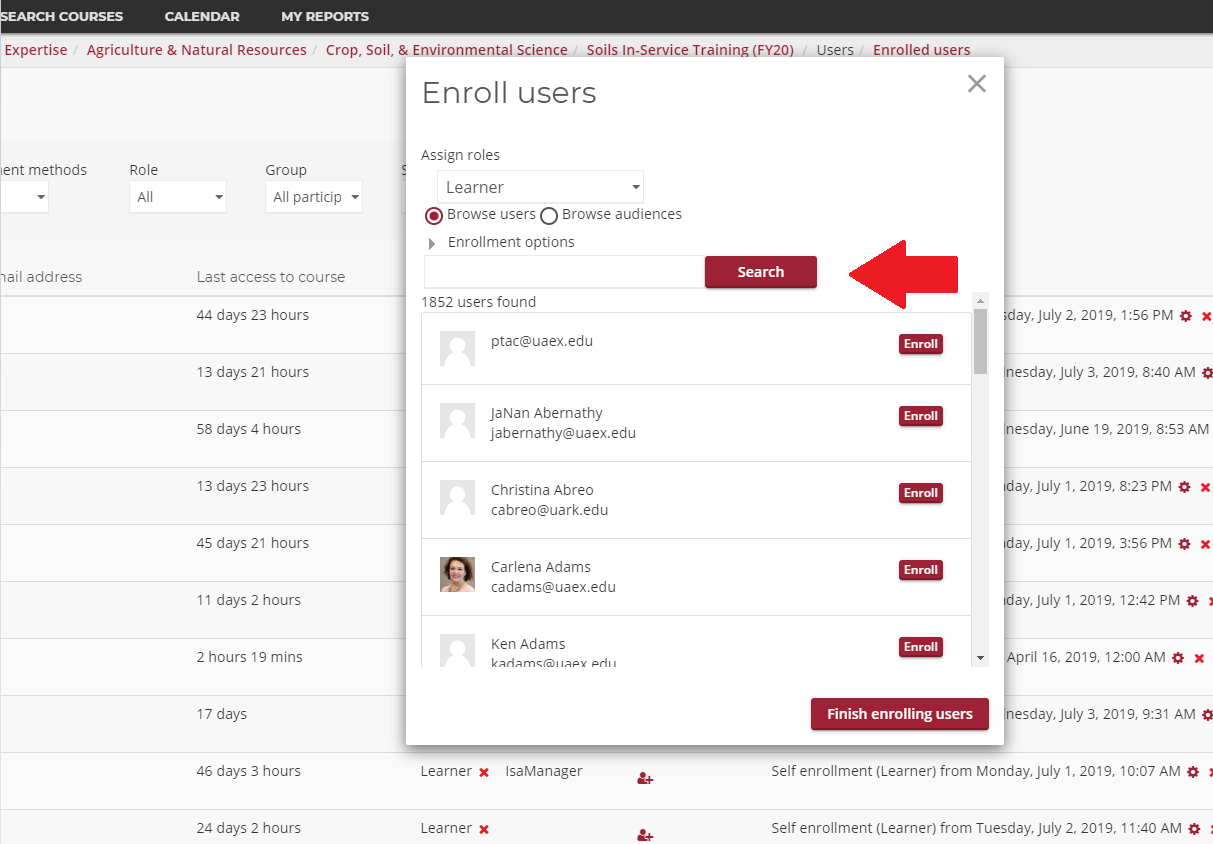 screen shot of search for enroll users