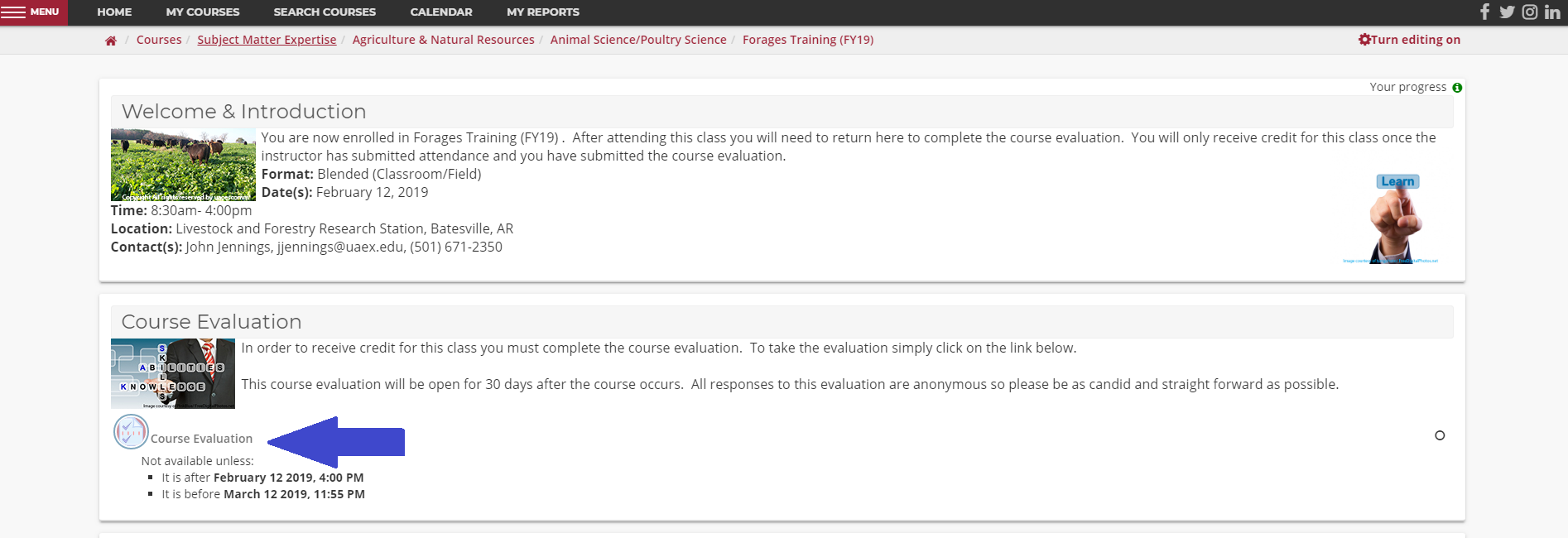 screen shot of course evaluation menu