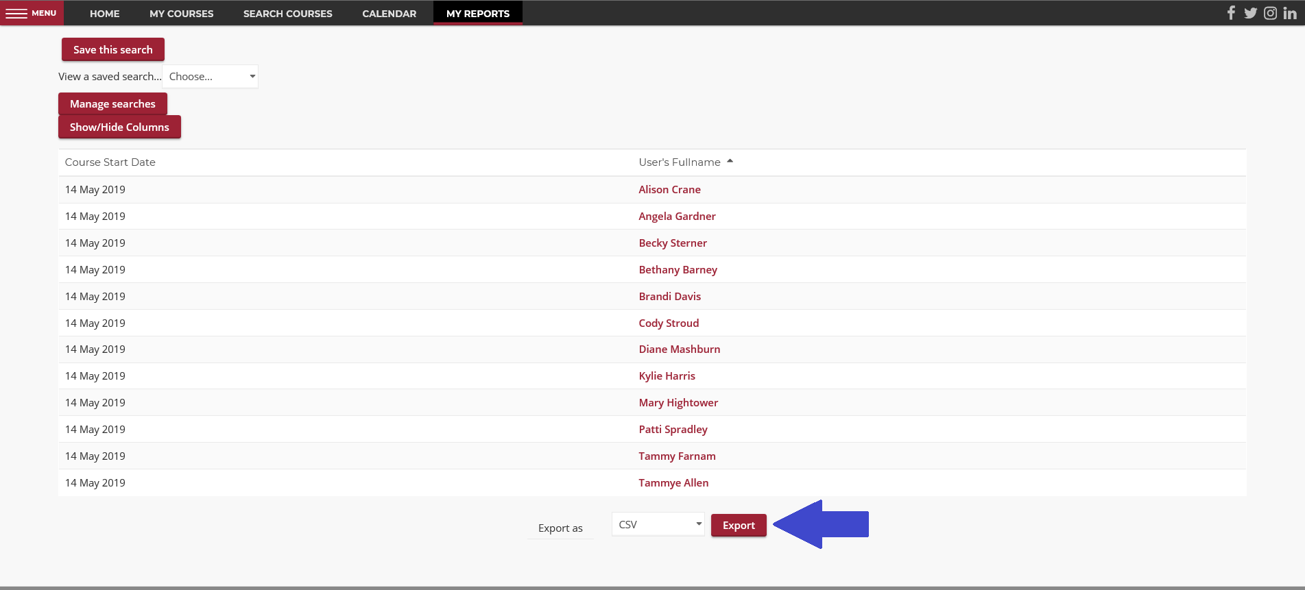screen shot of Export button for class roster report