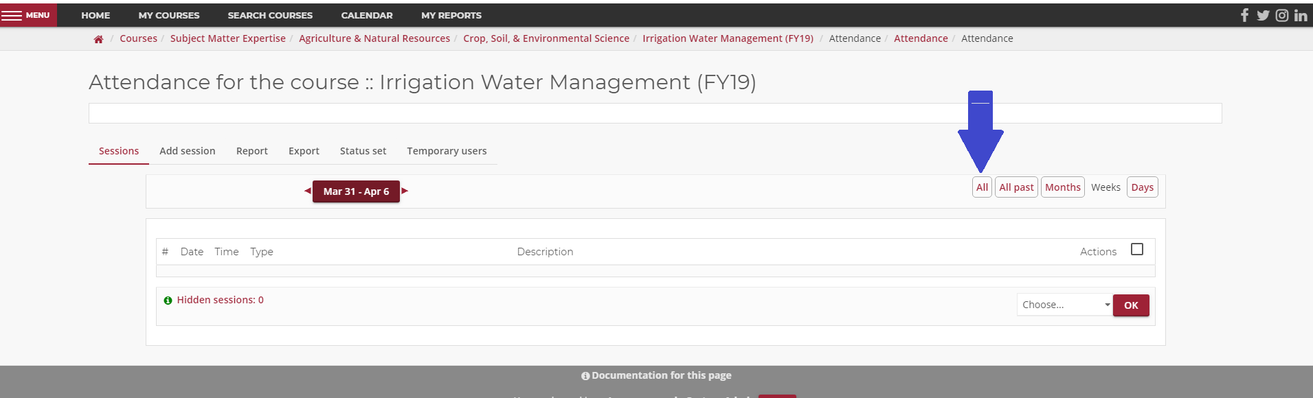 screen shot of All button for Instructors to enter attendance